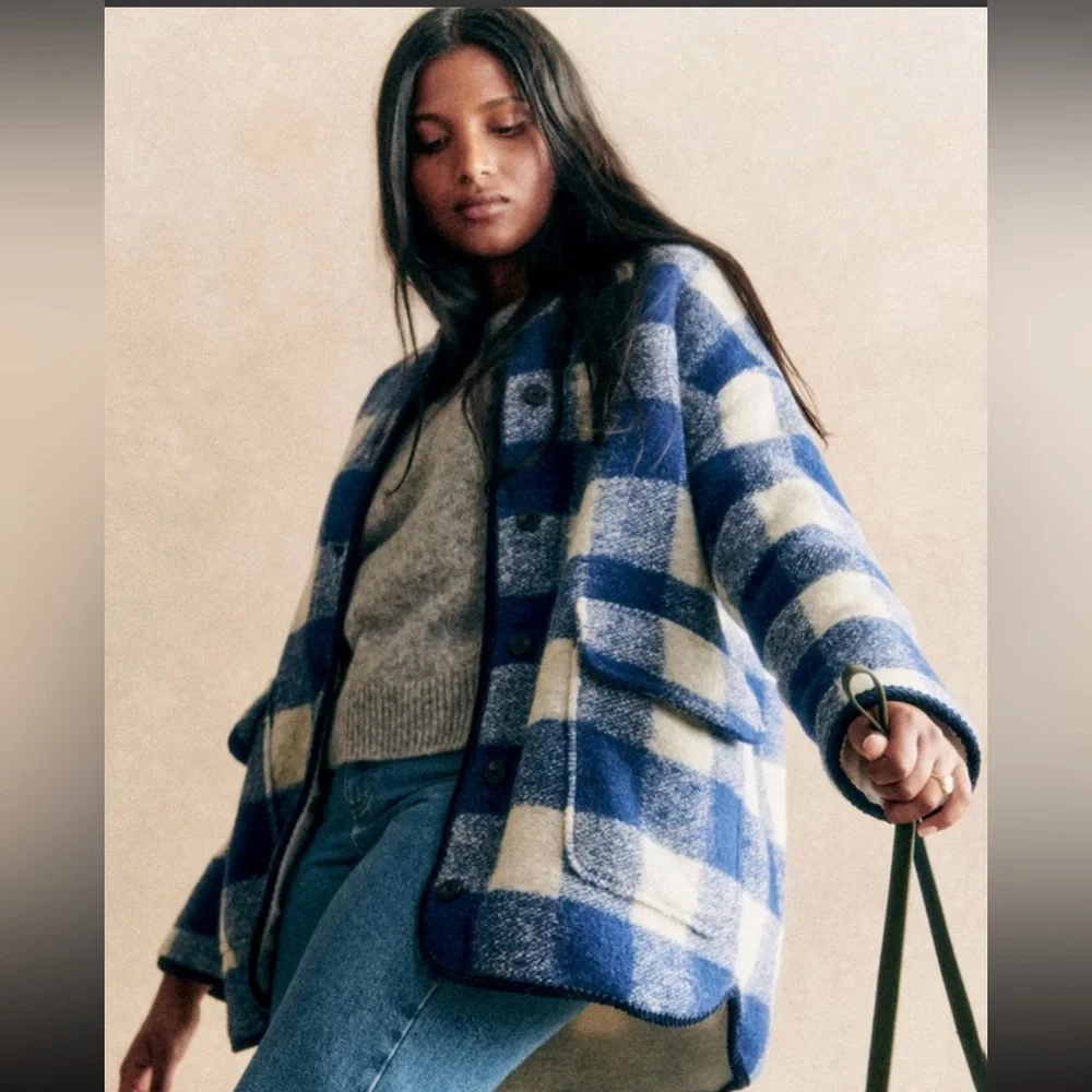 Sezane Farel Jacket Ecru Blue Check - Size 4 - Picture 2 of 4